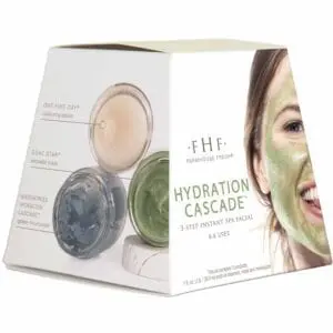 A box of face masks with a woman in the background.