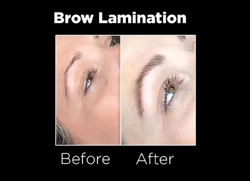 A woman with brown hair and blue eyes is before and after her brow lamination.