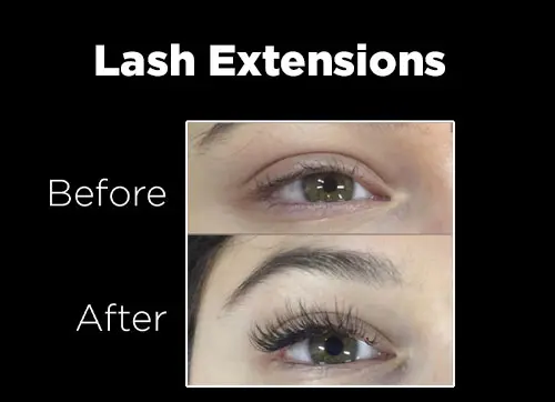 A woman 's eye with long eyelashes and before and after photos of the same lash extension.