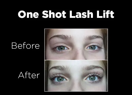 A woman 's eyes before and after one shot lash lift.