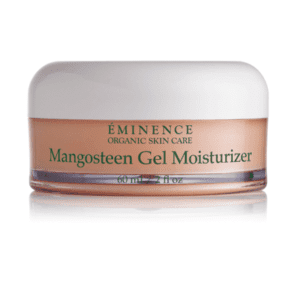 A jar of mangosteen gel moisturizer on top of a white counter.