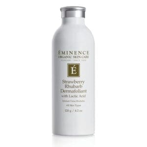 A bottle of eminence strawberry rhubarb dermabrasion