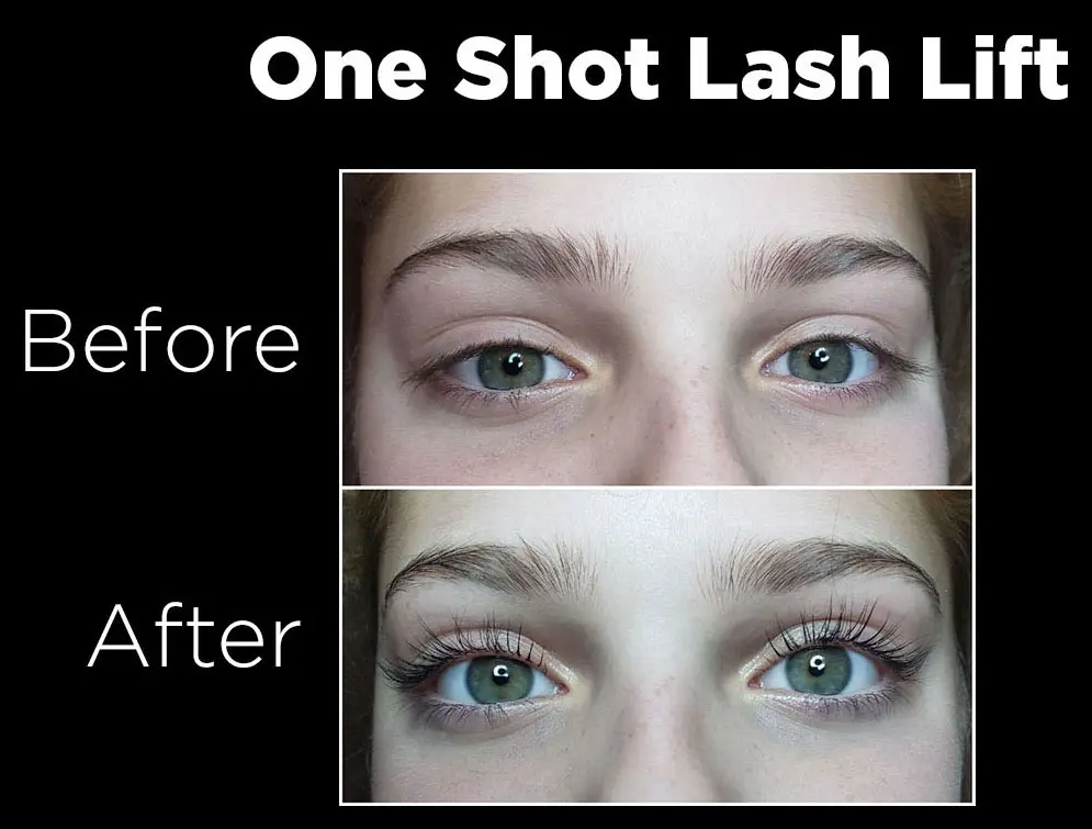 A woman 's eyes before and after one shot lash lift.