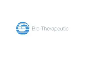 A blue and white logo of bio-therapeutic