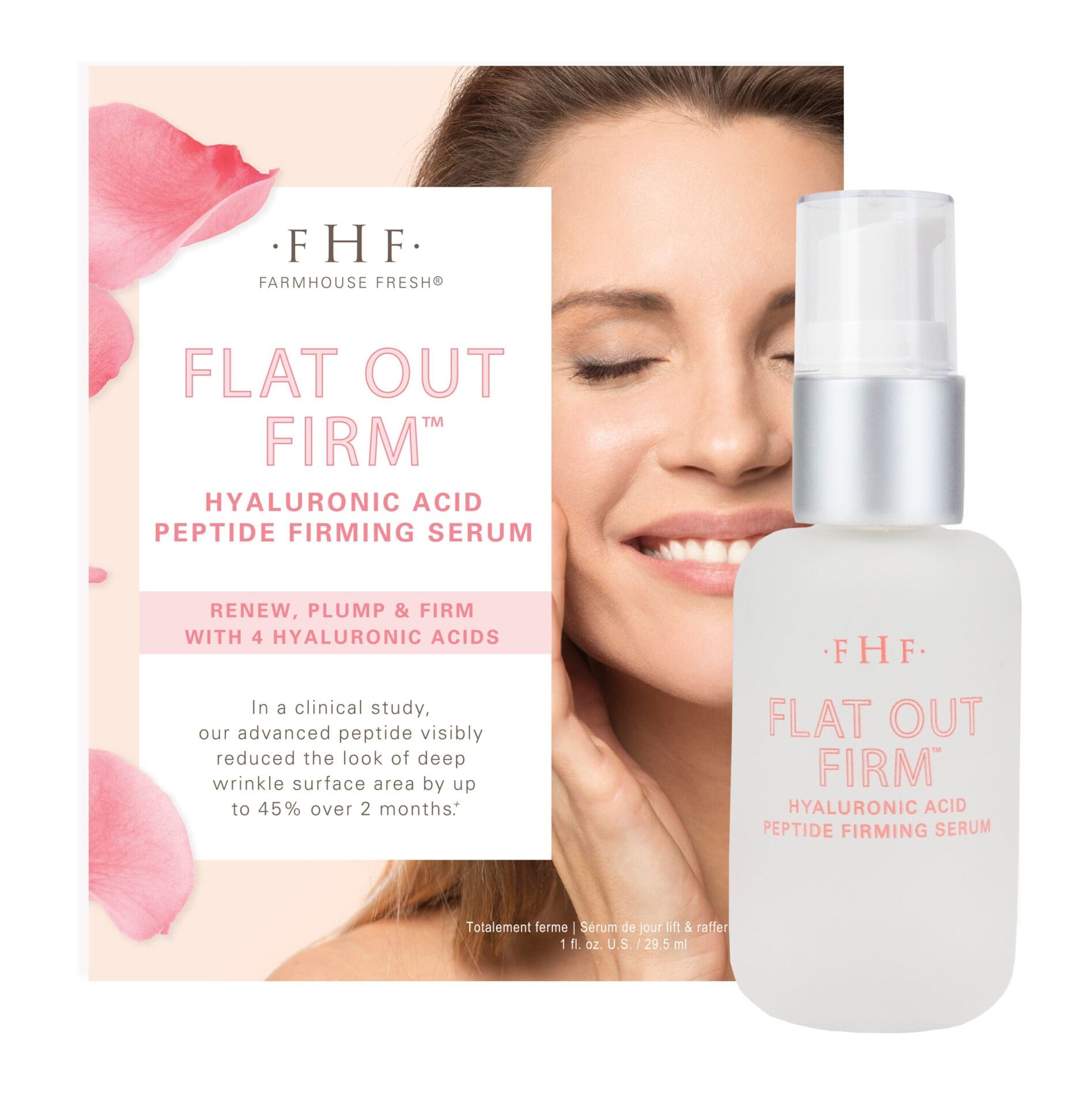 A package of facial firming serum and a woman with pink lipstick.