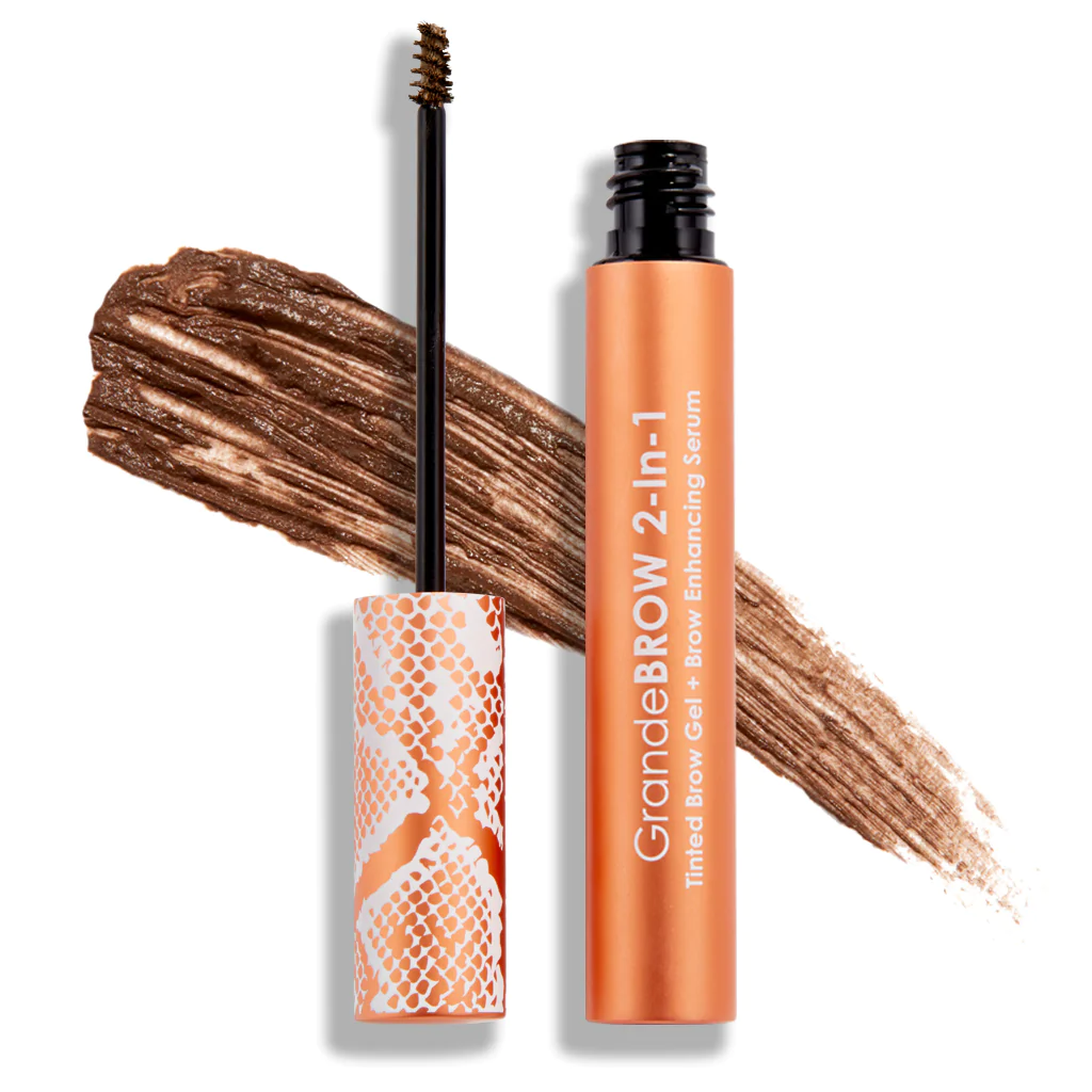 A brown tube of mascara next to a brush.