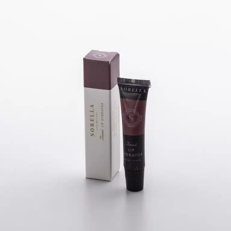 A tinted lip hydra tor in a black tube with box