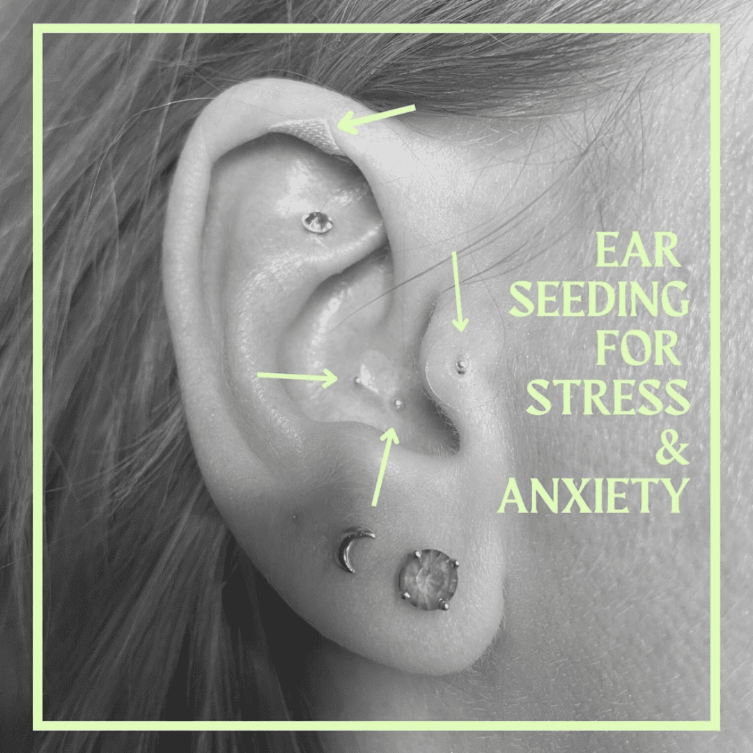 A person 's ear with the words ear seeding for stress and anxiety written on it.