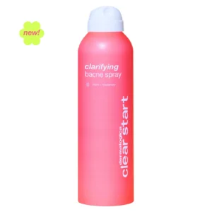 A pink spray bottle with white cap and yellow label.