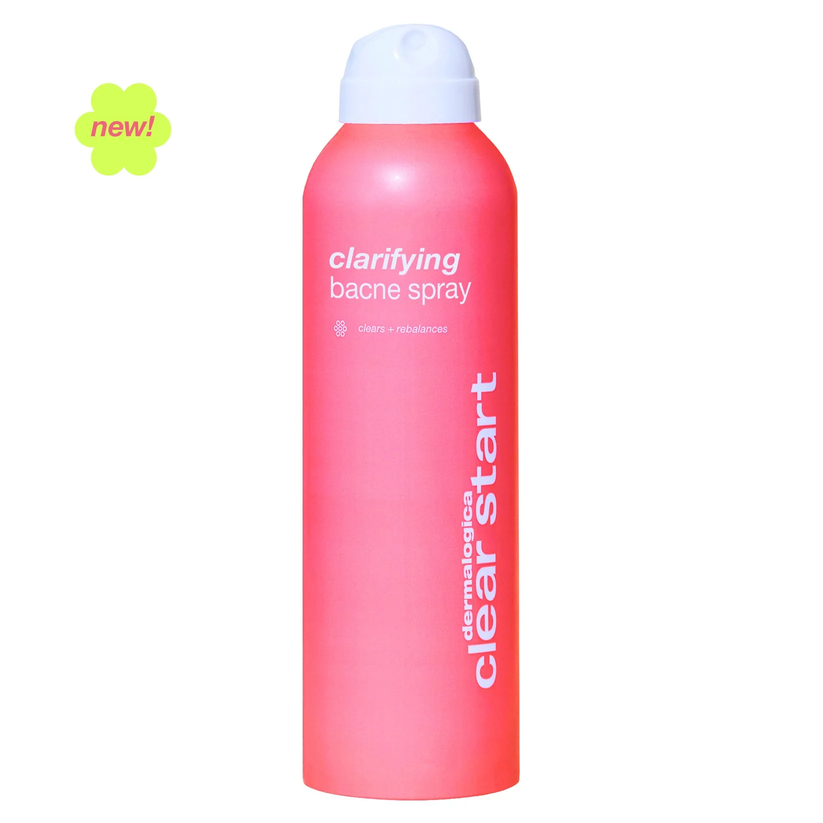 A pink spray bottle with white cap and yellow label.
