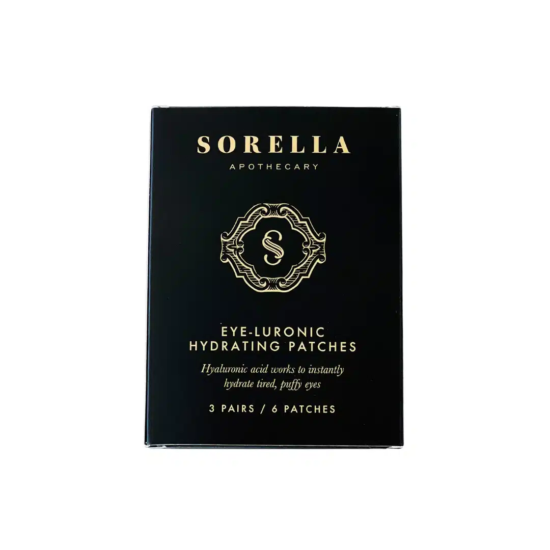 An Eye-luronic Hydrating Patches with gold text.