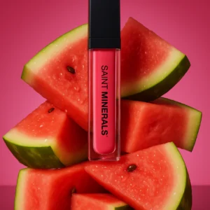 Lipstick with watermelon slices on pink background.